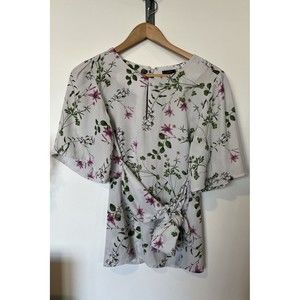 Ann Taylor White Floral Print Tie Front Key Hole Short Sleeve Blouse Siz…